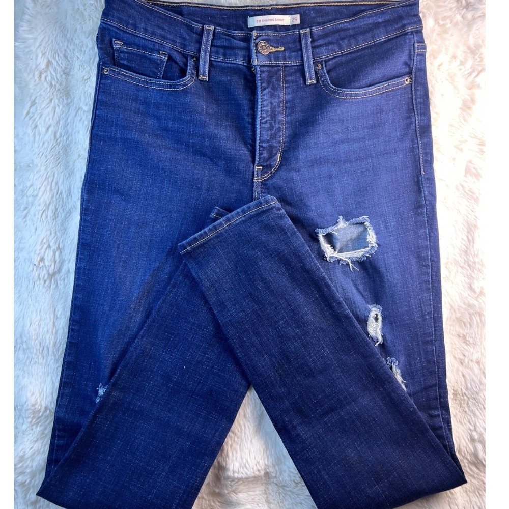 Levis 311 Shaping Skinny Jeans Dark Distressed Ripped Denim Womens 29x28